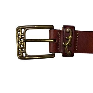 Merona Brown Leather Belt Womens Small Filigree Buckle 25-32" Adjustable Western